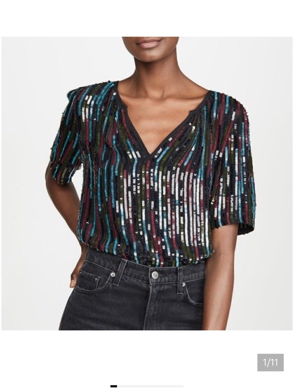 Sequin Stripe V-Neck Short Sleeve Top - Multicolor